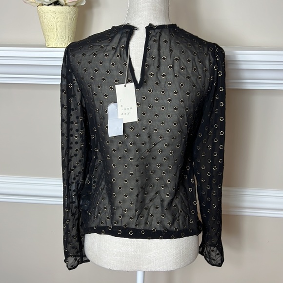 A New Day Black Gold Long Sleeve Top Sheer See Thru XS NWT - Picture 5 of 8